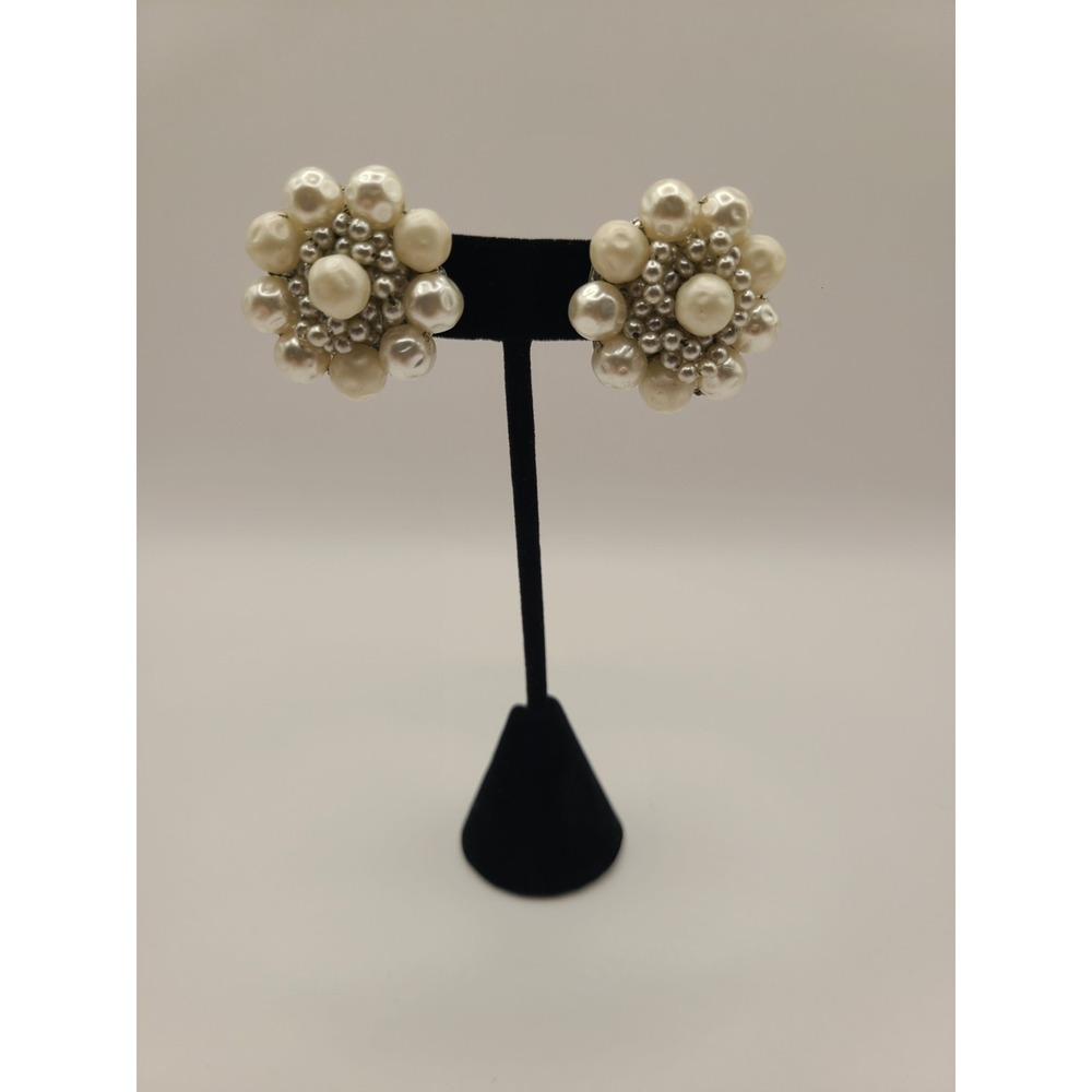 Faux Pearl Cluster Clip On Earrings Vintage Grannycore Japan Signed 1.25" dia